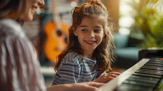 Children learning guitar and drums together in a lesson at Arrow Music Center